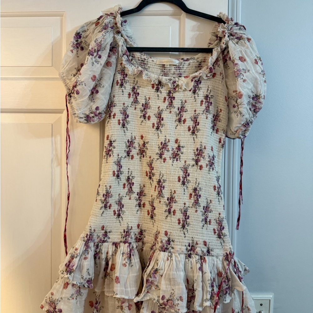 LoveShackFancy White and Purple Floral Dress
